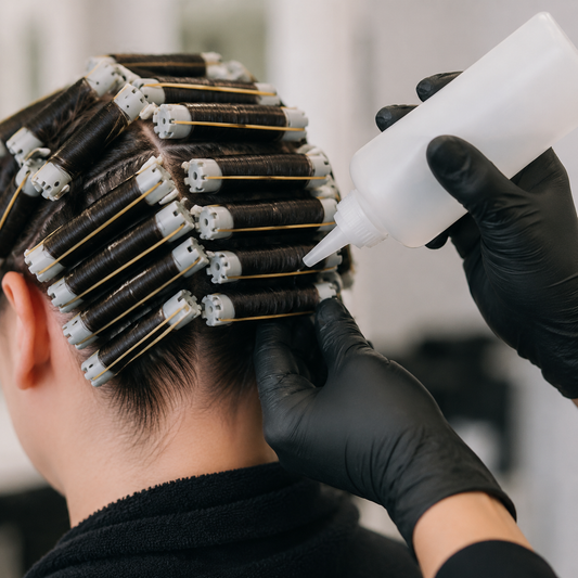 Natural Look Precision Perm Wave Lotion applied to hair wound on perm rods