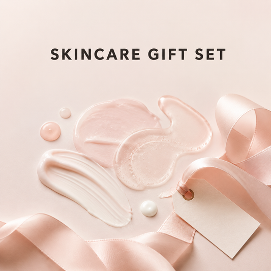 Natural Look skincare gift set textures with pink ribbon and Skincare Gift Set text