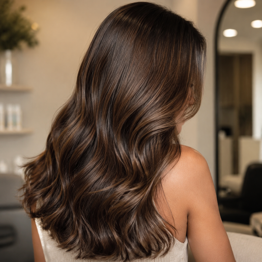 Smooth glossy brunette hair after the Natural Look Static Free anti-frizz routine