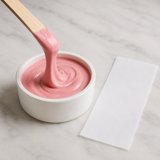 Natural Look Passion satin-pink strip wax texture with wooden spatula and clean waxing strip