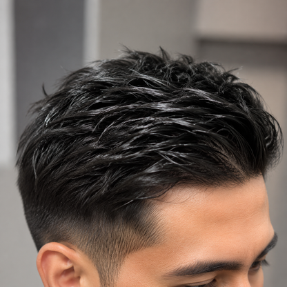 Defined high-shine textured hairstyle result after gel wax styling