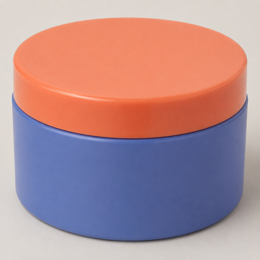 Back detail of Natural Look StyleArt Matte Mud blue jar with coral lid
