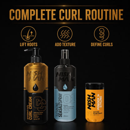 Nish Man Complete Curl Styling Trio benefits for root lift, texture and curl definition