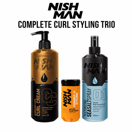 Nish Man Complete Curl Styling Trio with Curl Cream 400ml, Powder P1 and Sea Salt Spray 200ml on white