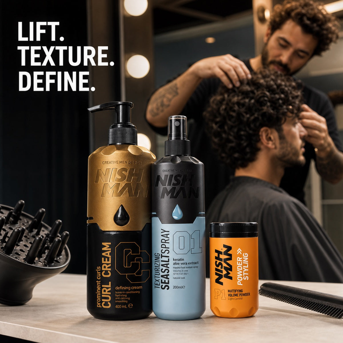 Nish Man Complete Curl Styling Trio at a professional curl-styling station