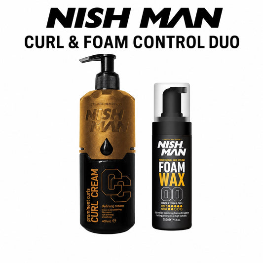 Nish Man Curl and Foam Control Duo with Curl Cream 400ml and Hair Styling Foam Wax 150ml on white