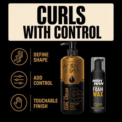 Nish Man Curl and Foam Control Duo benefits for curl definition, control and a touchable finish