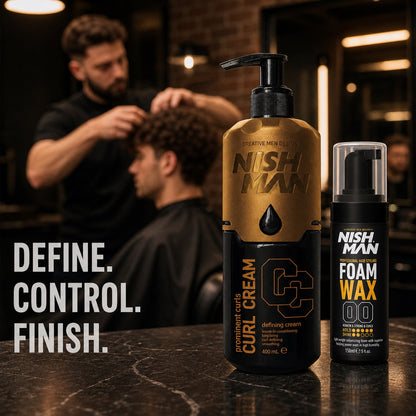 Nish Man Curl and Foam Control Duo in use at a modern barbershop