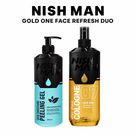 Nish Man Gold One Face Refresh Duo with Peeling Gel 200ml and After Shave Gold One 400ml on white