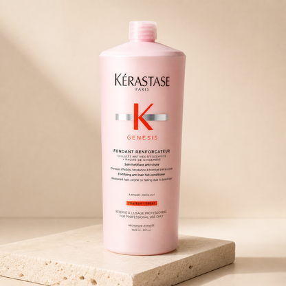 Kérastase Genesis Fondant Renforçateur 1000ml bottle on a stone plinth in warm light