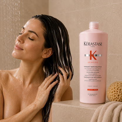 Woman with wet hair beside a bottle of Kérastase Genesis Fondant Renforçateur 1000ml