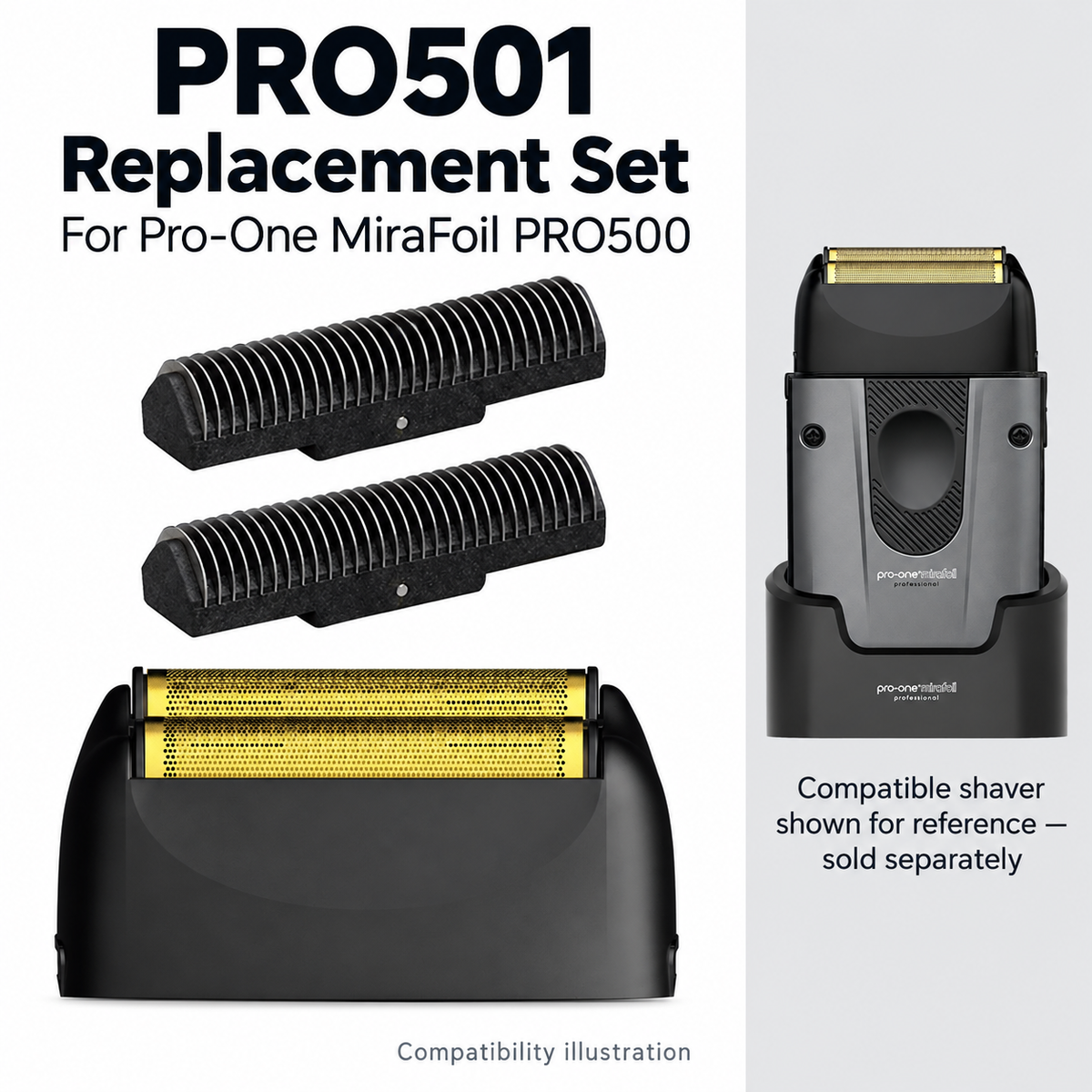 Illustrative product graphic: Pro-One MiraFoil PRO501 compatibility; not a separate product photograph