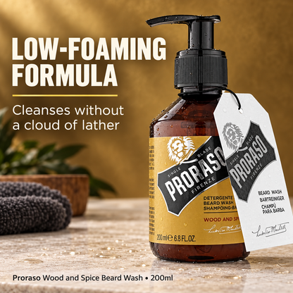 Proraso Wood and Spice Beard Wash 200ml – low-foaming cleansing formula