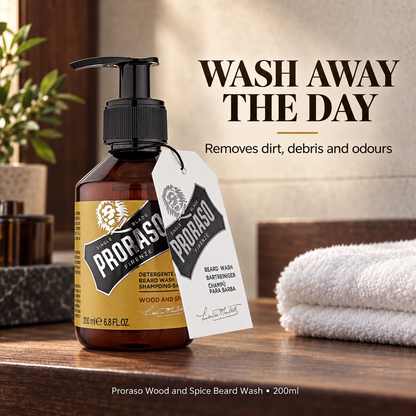 Proraso Wood and Spice Beard Wash 200ml – removes dirt, debris and odours
