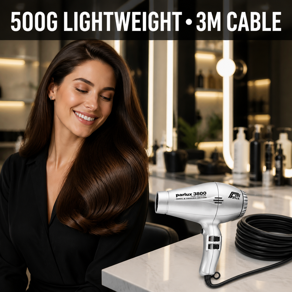 Silver Parlux 3800 dryer with smooth blow-dry result - 500g lightweight design and 3m cable