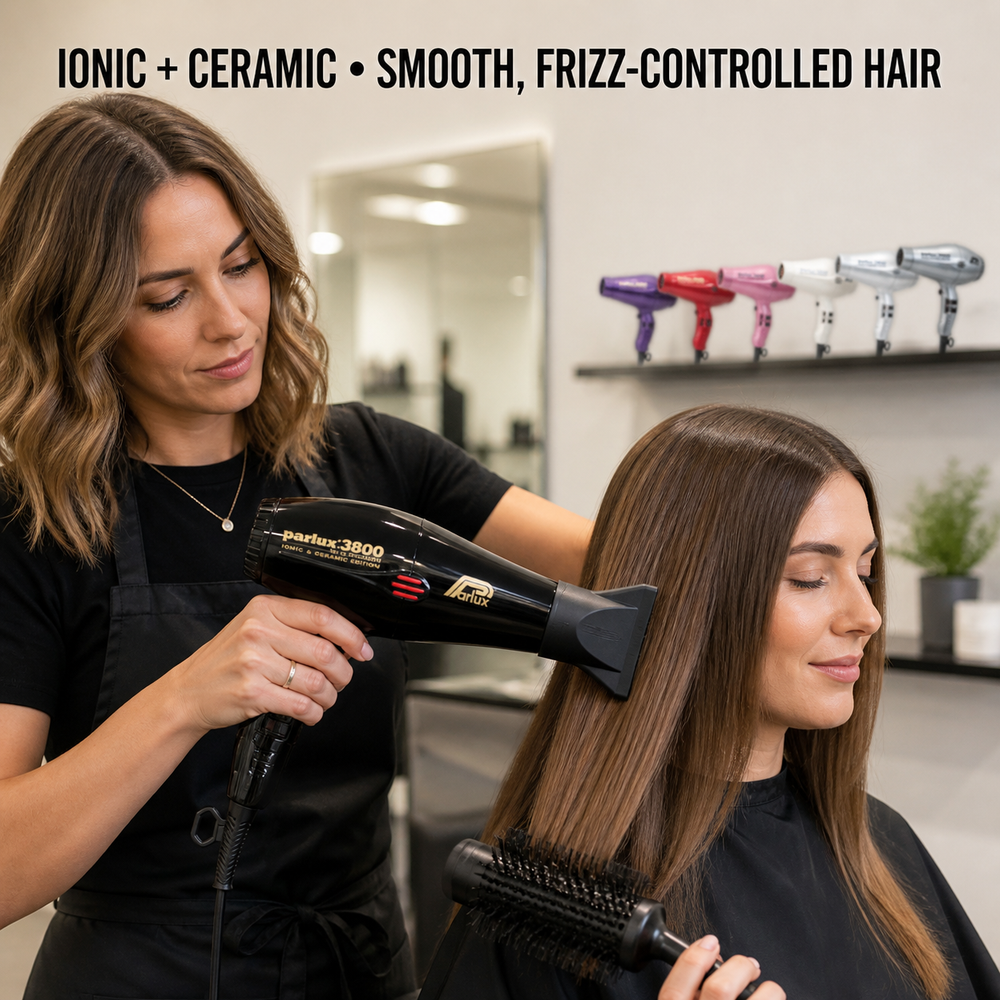 Stylist using black Parlux 3800 dryer - ionic and ceramic technology for smooth frizz-controlled hair
