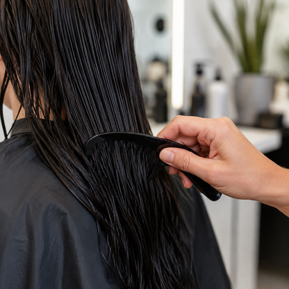 Stylist using a black Pegasus BioStyler B1 wide-tooth comb on damp hair