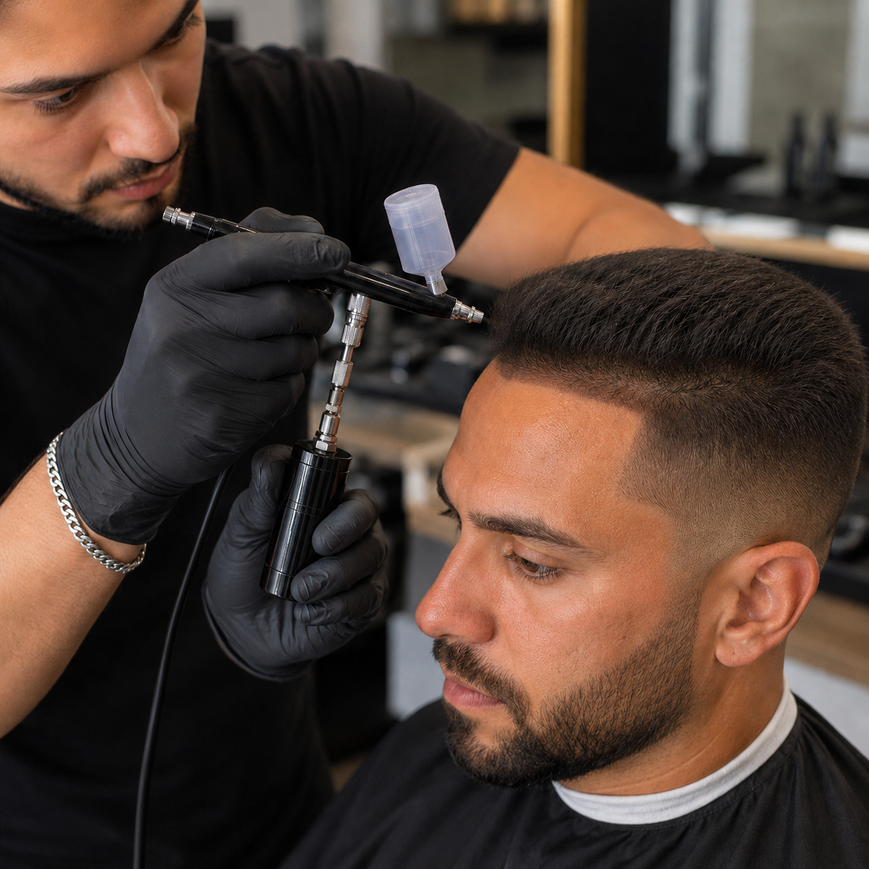 Barber using a compact black portable airbrush for precise hairline enhancement