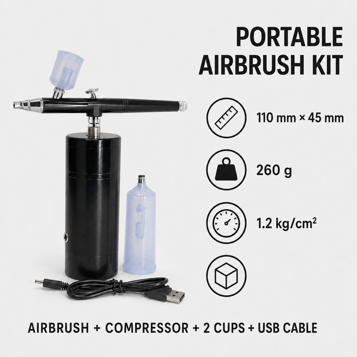 Portable black airbrush kit specifications: 110 by 45 millimetres, 260 grams and 1.2 kilograms per square centimetre