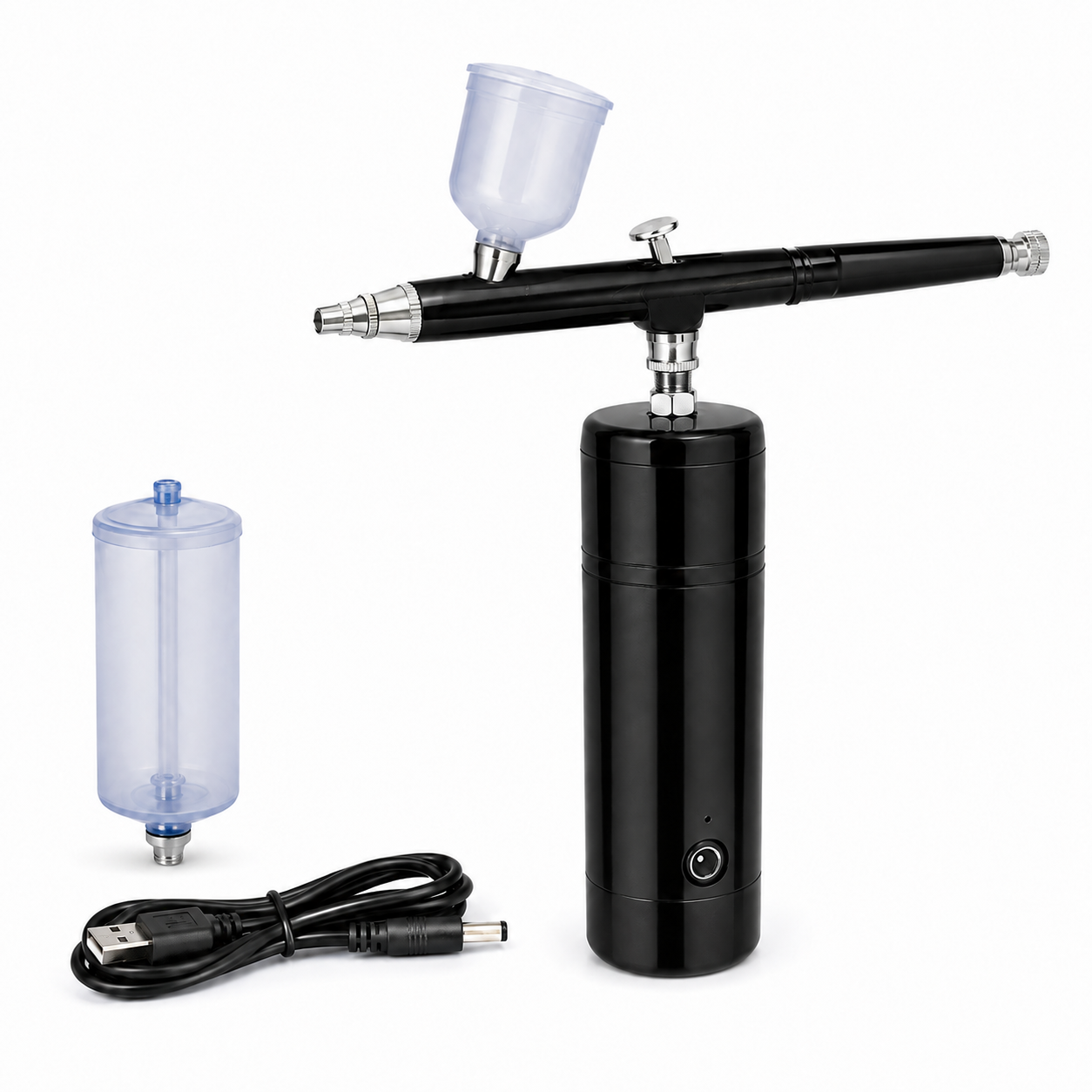 Portable black airbrush spray pen kit with compressor, two cups and USB charging cable