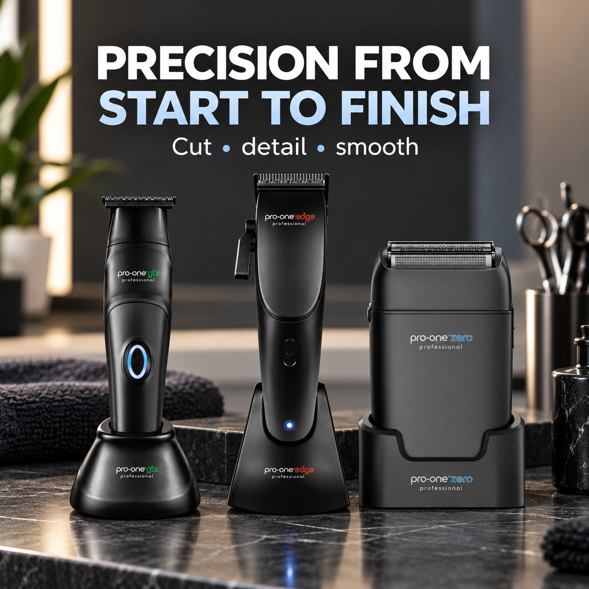 Pro-One black barber trio on docks with text: precision from start to finish, cut, detail, smooth