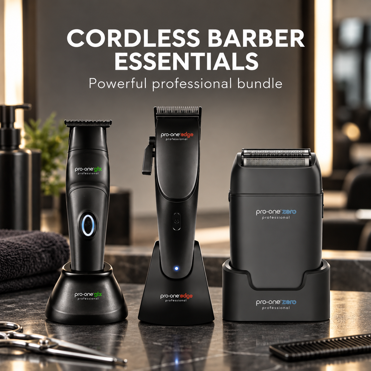 Pro-One black barber trio with text: cordless barber essentials, powerful professional bundle
