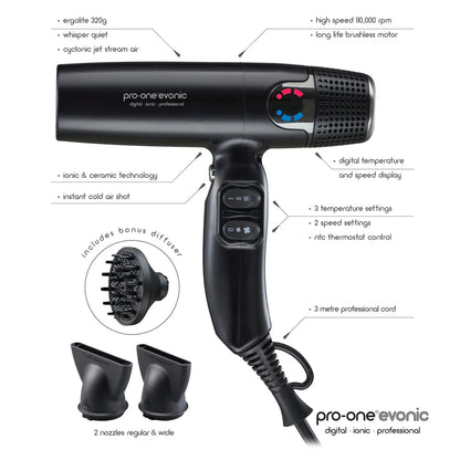 Pro-One Evonic Black hair dryer feature panel with attachments