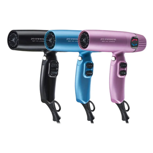 Pro-One Evonic hair dryers in Black Blue and Pink