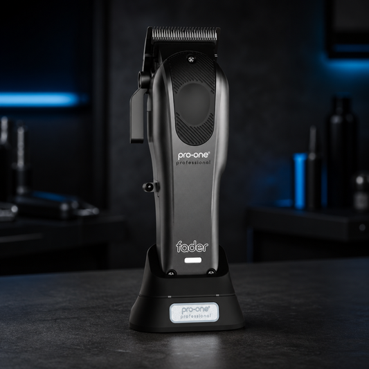 Pro-One Fader Cordless Clipper on charging dock in premium barber studio