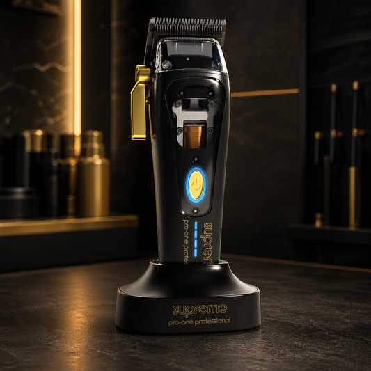 Pro-One Supreme Cordless Hair Clipper on dock in premium barber studio