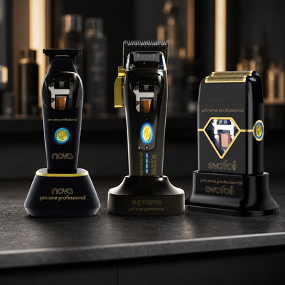 Pro-One Nova trimmer, Supreme clipper and Evofoil shaver on charging stands