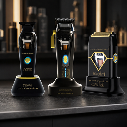 Pro-One Nova trimmer, Supreme clipper and Evofoil shaver on charging stands