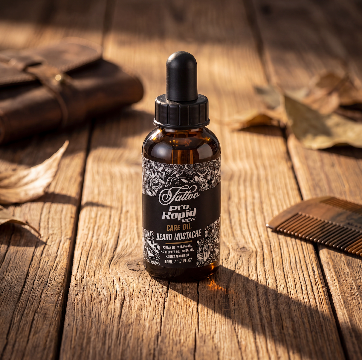 ProRapid Beard and Moustache Care Oil 50ml lifestyle bottle with comb
