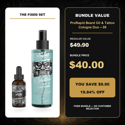 ProRapid Beard Oil & Tattoo Cologne Duo – 09 $40.00 bundle price and $9.90 saving