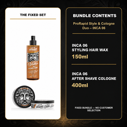 ProRapid Style & Cologne Duo – INCA 06 contents: 1 × ProRapid INCA Styling Hair Wax 150ml – INCA 06; 1 × ProRapid INCA Tattoo After Shave Cologne 400ml – INCA 06