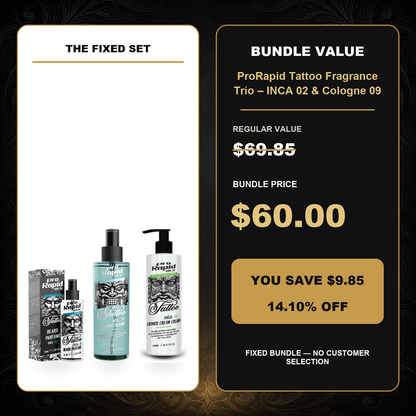 ProRapid Tattoo Fragrance Trio – INCA 02 & Cologne 09 $60.00 bundle price and $9.85 saving