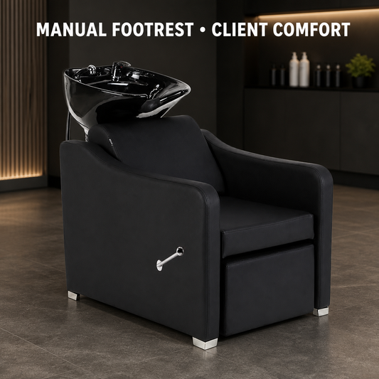 Professional Black Shampoo Station - manual footrest and client comfort