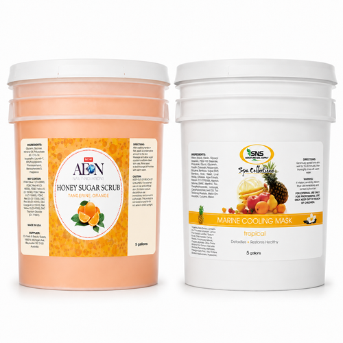 AEON Honey Sugar Scrub Tangerine Orange and SNS Marine Cooling Mask Tropical 5 gallon salon spa products