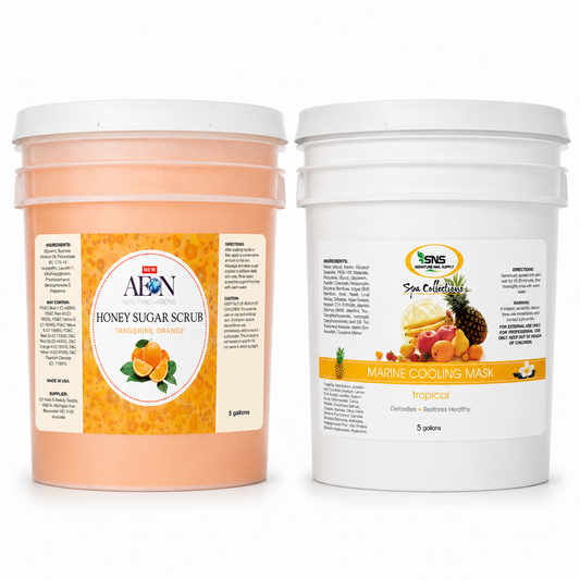 AEON Honey Sugar Scrub Tangerine Orange and SNS Marine Cooling Mask Tropical 5 gallon salon spa products