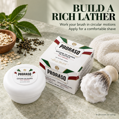 Proraso Sensitive Shaving Soap with brush and instructions to build a rich lather