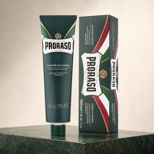 Proraso Refreshing Shaving Cream 150ml tube and carton in a warm studio setting