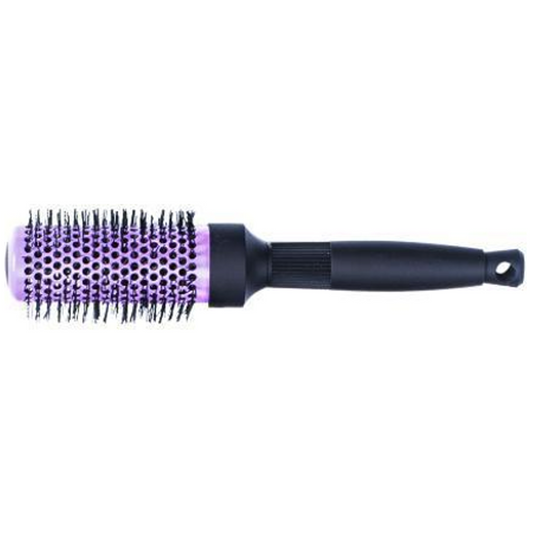 Purple vented round hair brush with black handle, side view