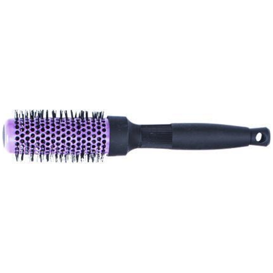 Purple vented round hair brush with slim barrel, side view