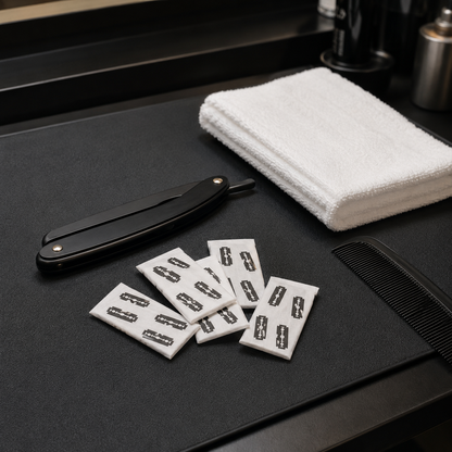 Sealed blade wrappers beside a closed razor holder on a barber workstation