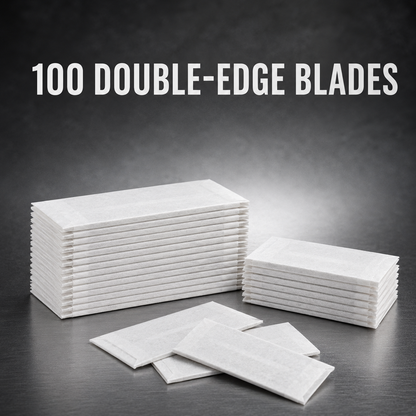 One hundred wrapped double-edge blades shown in counted groups