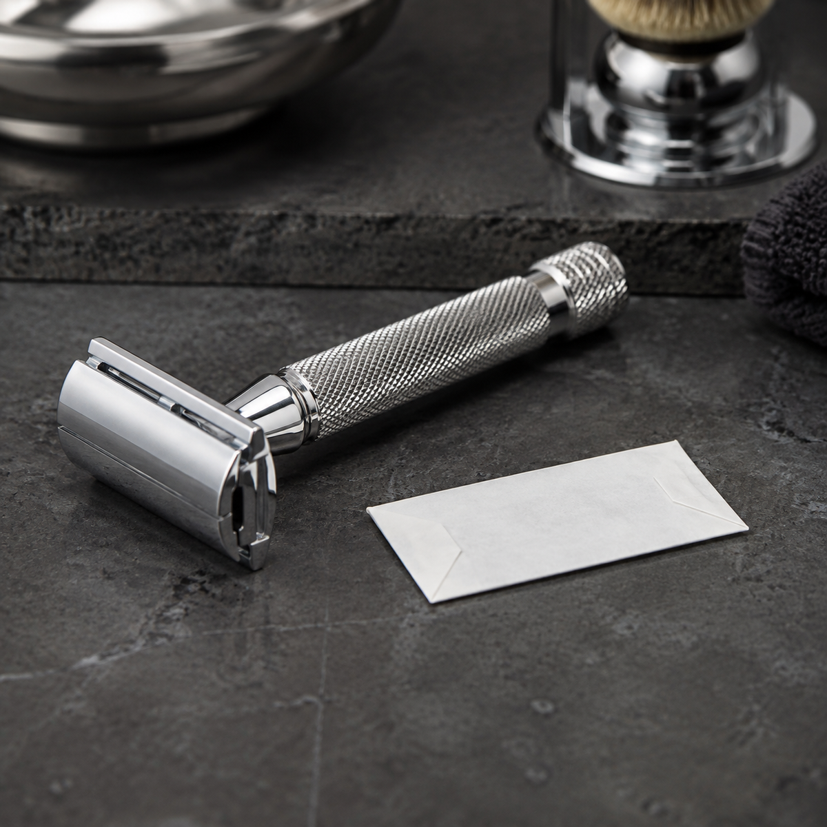 Closed double-edge safety razor beside a sealed blade wrapper