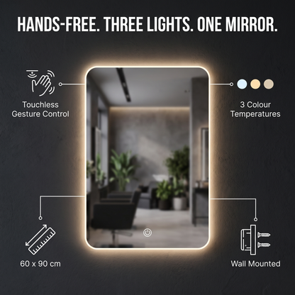 Touchless tri-colour LED salon mirror features