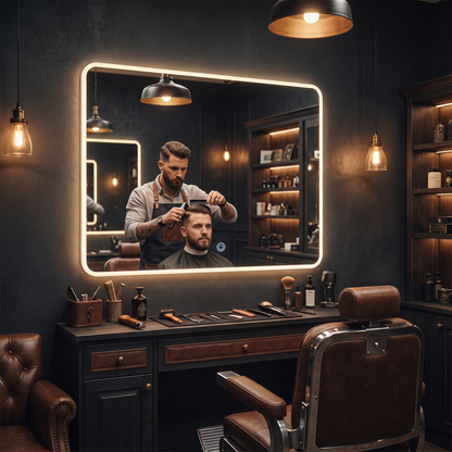 Touchless LED mirror in barbershop styling station