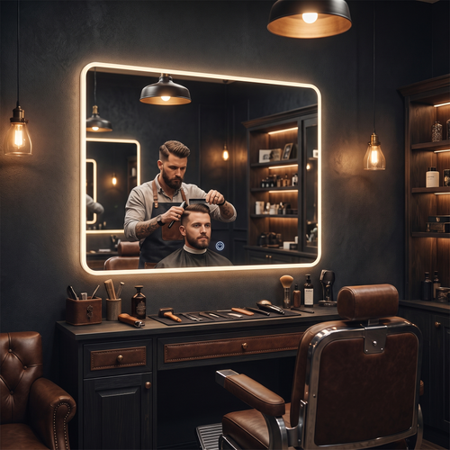 Touchless LED mirror in barbershop styling station
