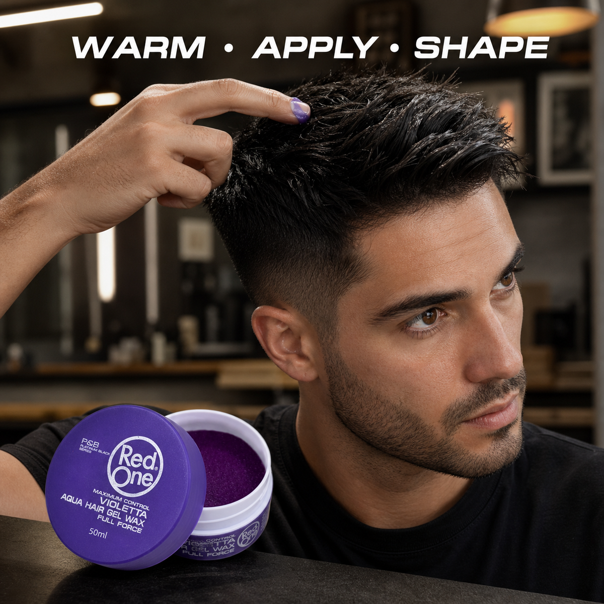 Adult model applying RedOne Violetta Aqua Hair Gel Wax 50ml to styled hair